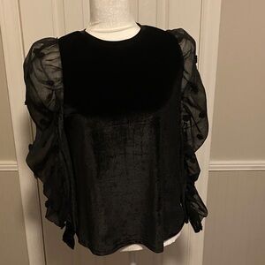 THML Black Velvet Blouse with Sheer Ruffled Sleeves